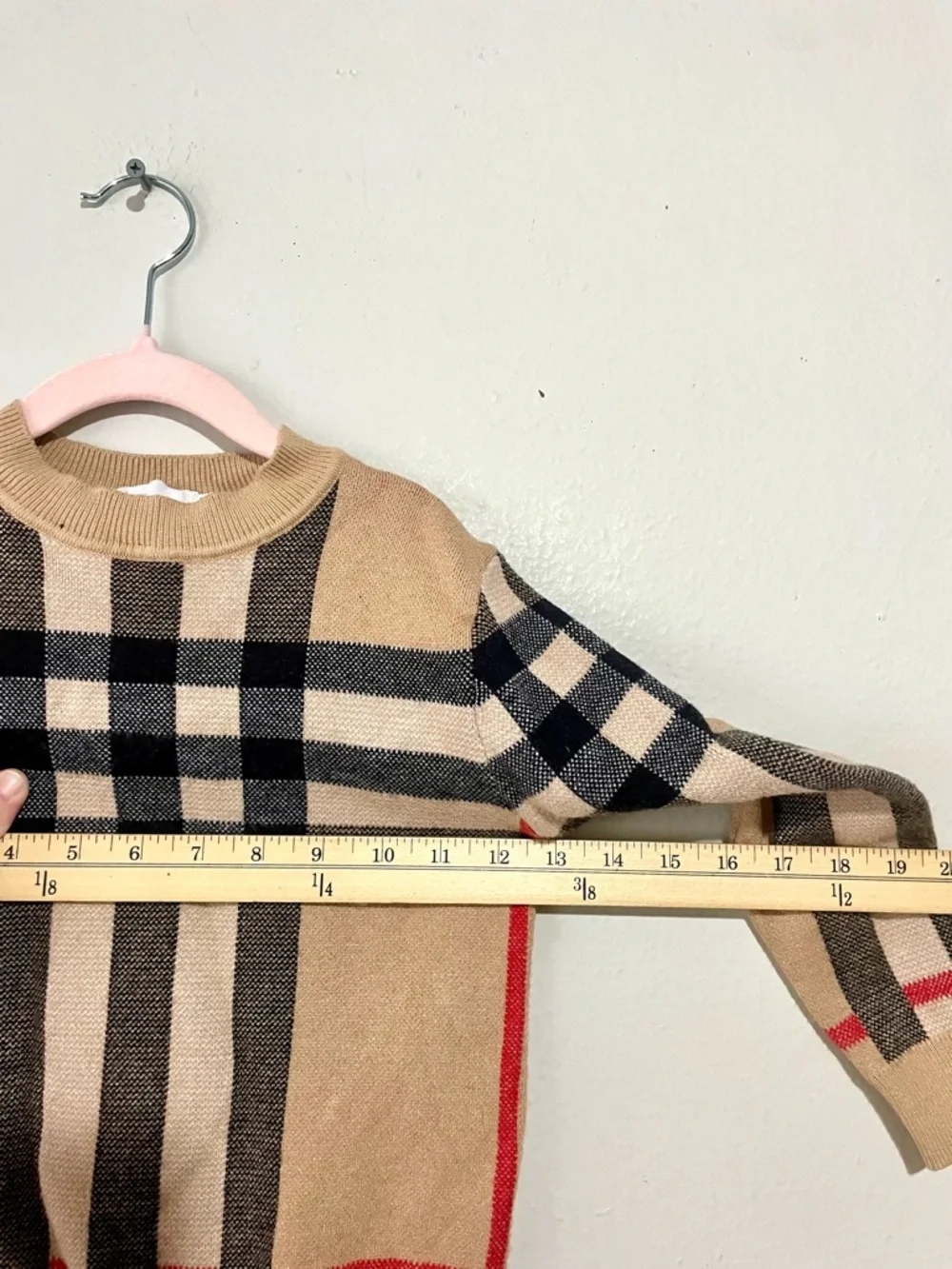 Burberry Tan Black Cream Plaid Kids Sweater with Red Accents
